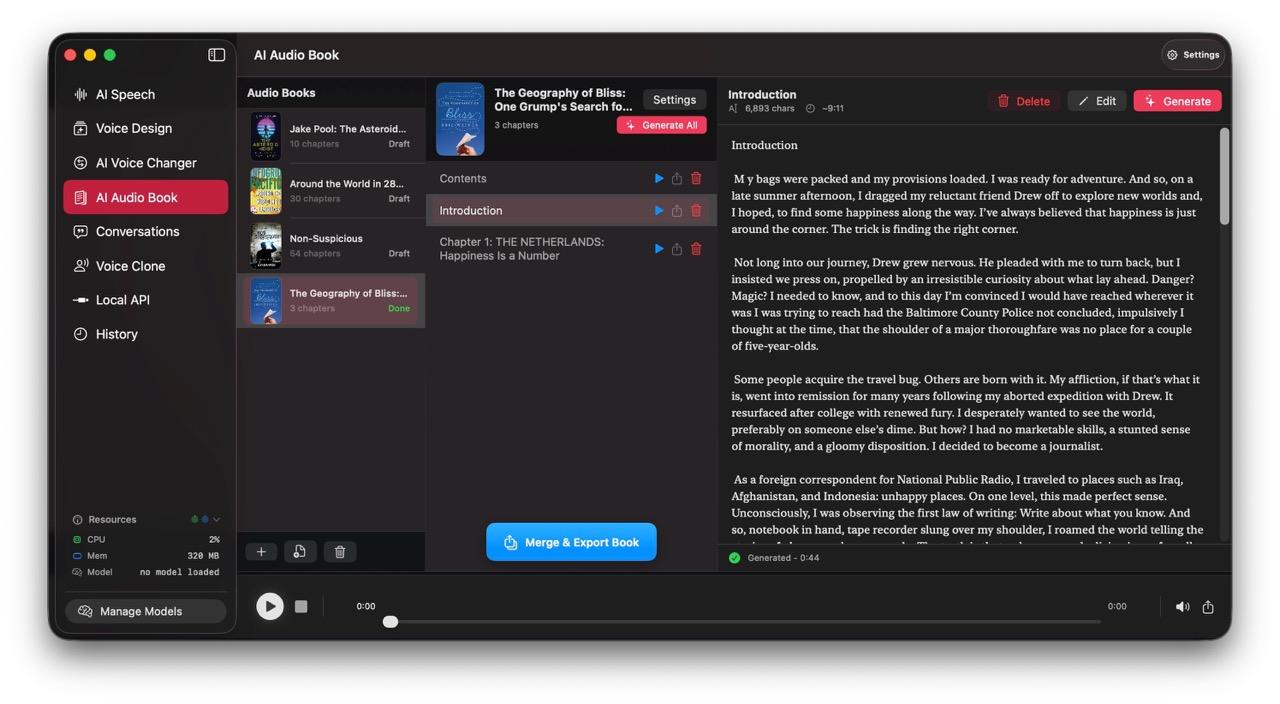 OpenVox audiobook workflow showing chapters and local export controls