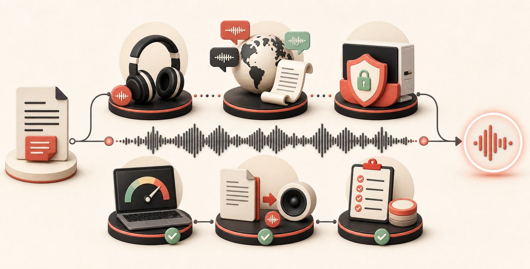 Visual guide to evaluating TTS software by voice quality, languages, privacy, hardware, workflow, and licensing