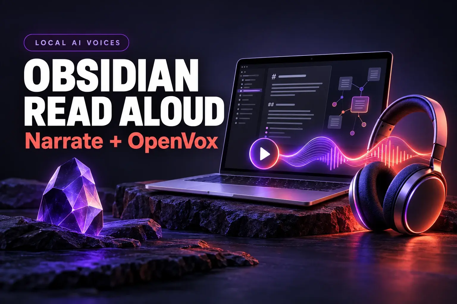Obsidian read aloud with Narrate and OpenVox: laptop with notes, audio waveforms, and headphones
