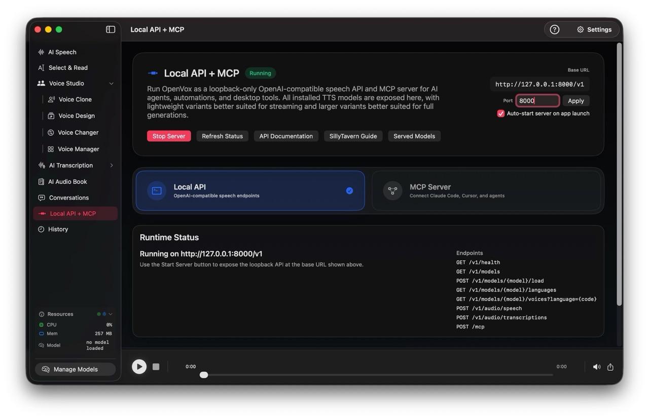 OpenVox Local API screen with Running status, port 8000, and base URL http://127.0.0.1:8000/v1