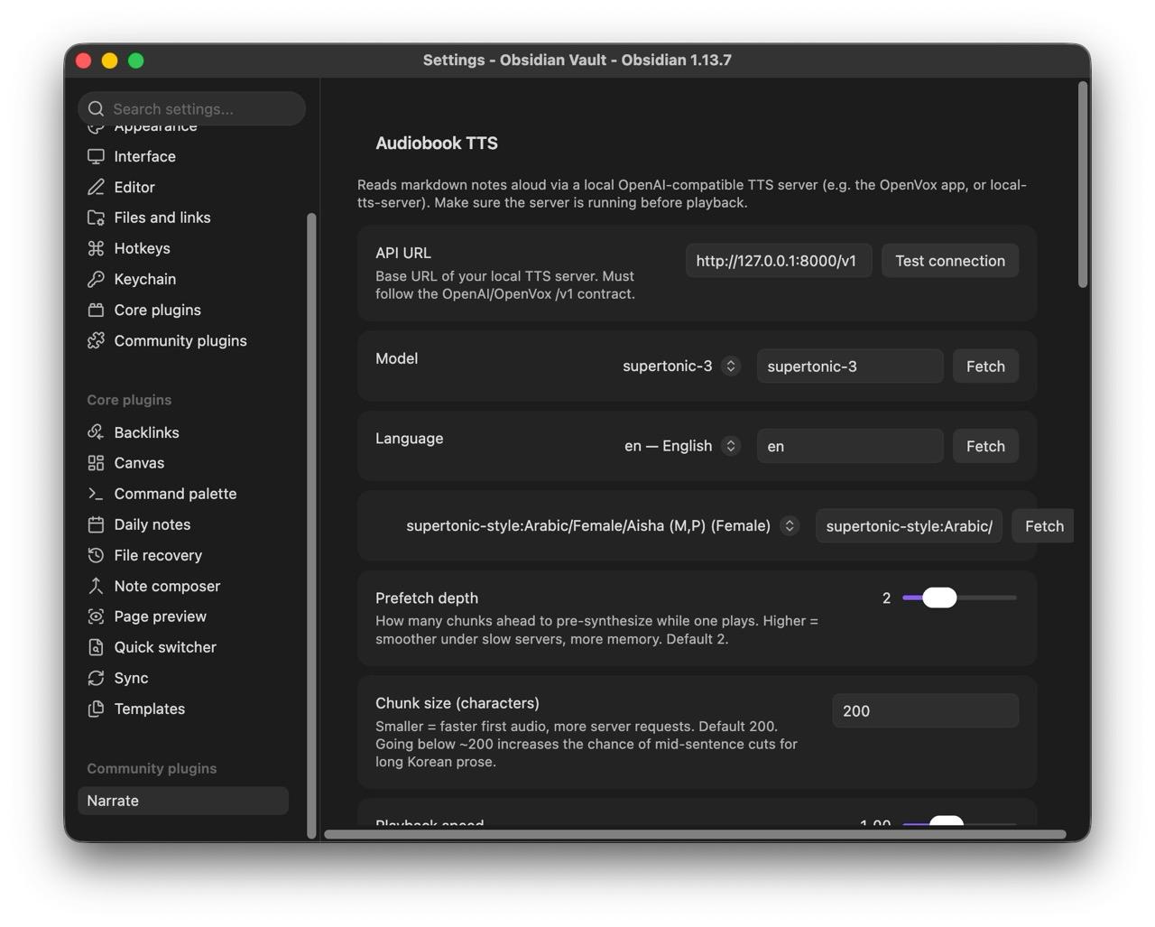 Narrate Audiobook TTS settings showing the local API URL, Supertonic 3 model, English language, voice picker, and Fetch buttons