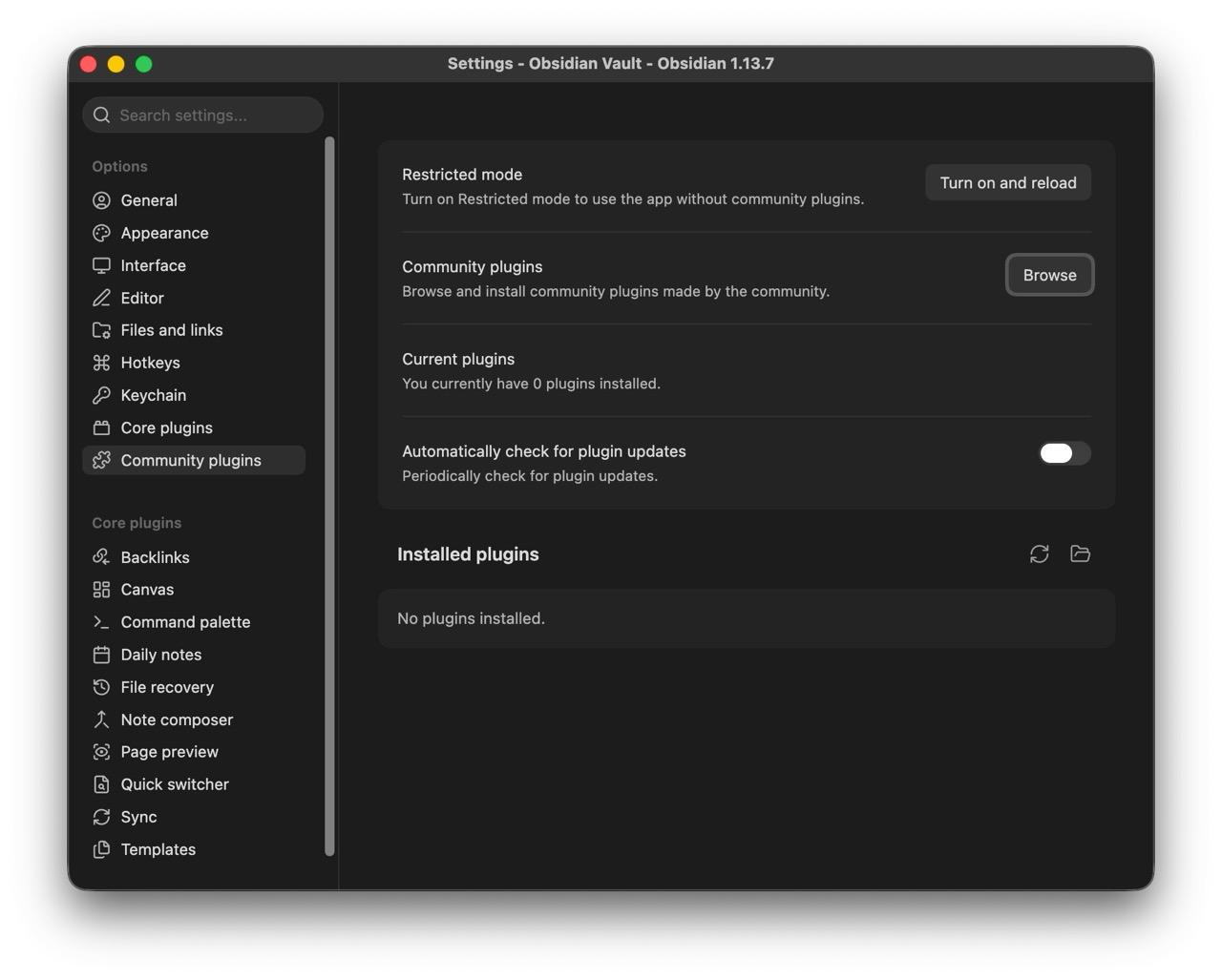 Obsidian Community plugins settings showing the Browse button after Restricted mode is disabled