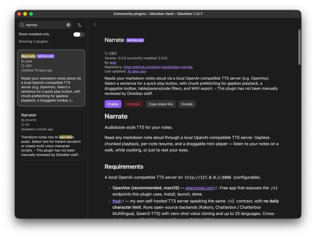 Installed Narrate plugin in Obsidian with the purple Enable button