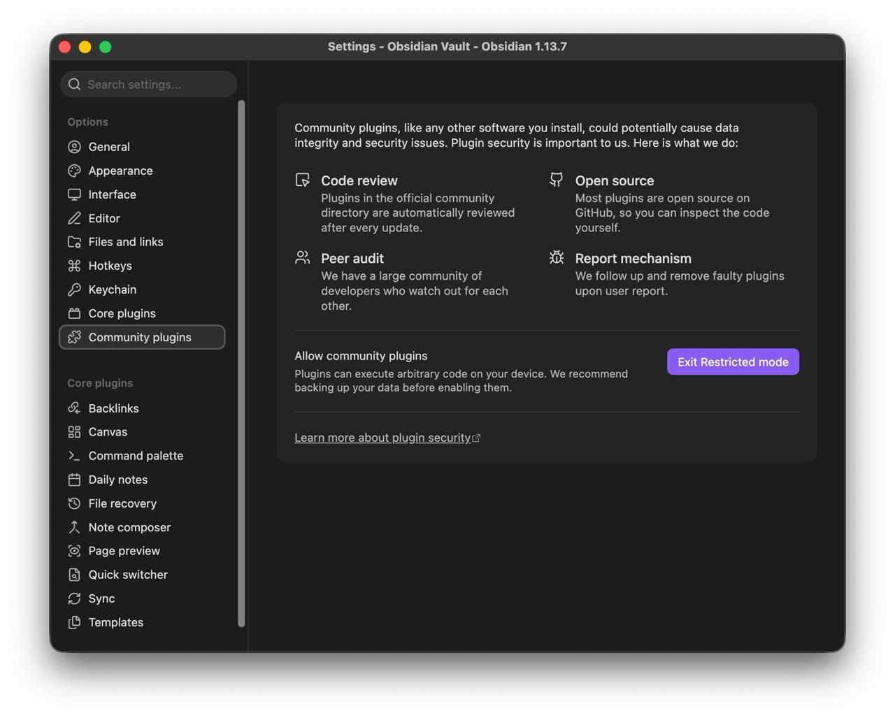 Obsidian Community plugins settings with the Exit Restricted mode button