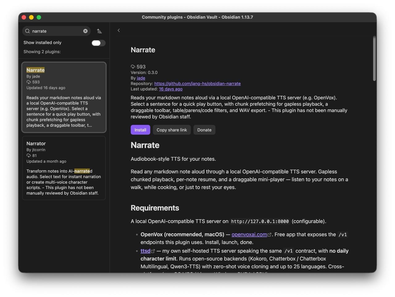 Narrate plugin detail panel in Obsidian showing version 0.3.0, the jang-hs repository, and Install button