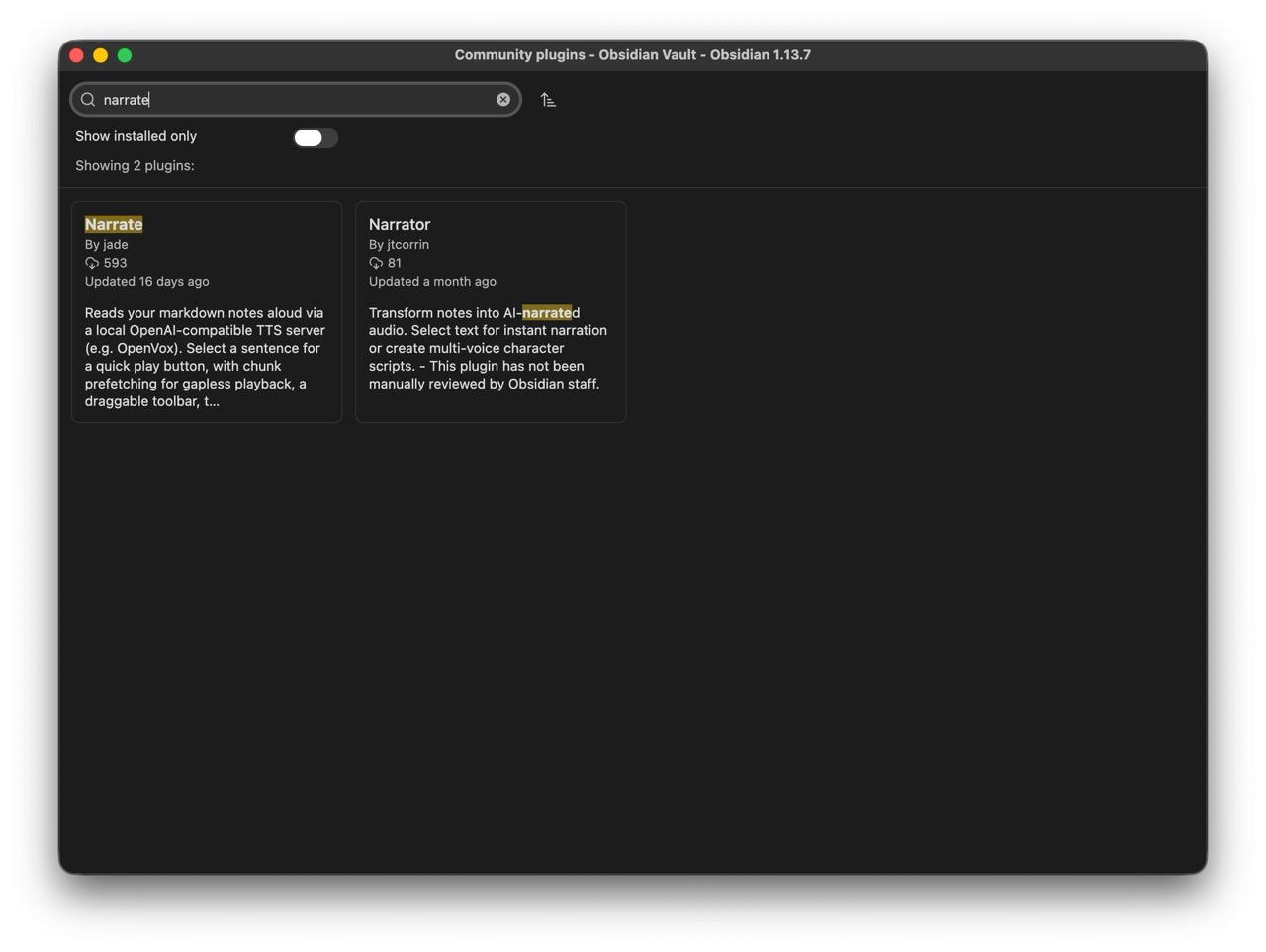 Obsidian plugin search for narrate showing Narrate by jade alongside Narrator