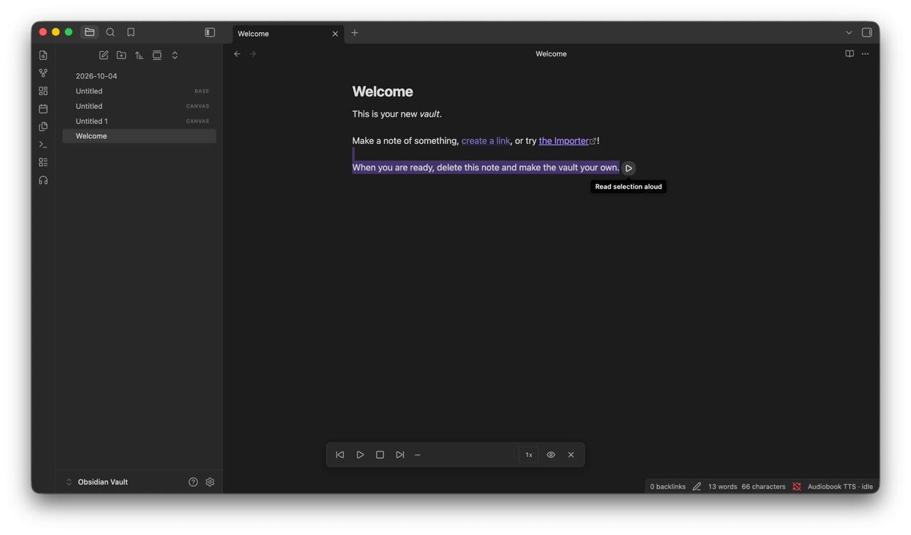 Obsidian Welcome note with a selected sentence, Narrate inline play button, Read selection aloud tooltip, and playback toolbar