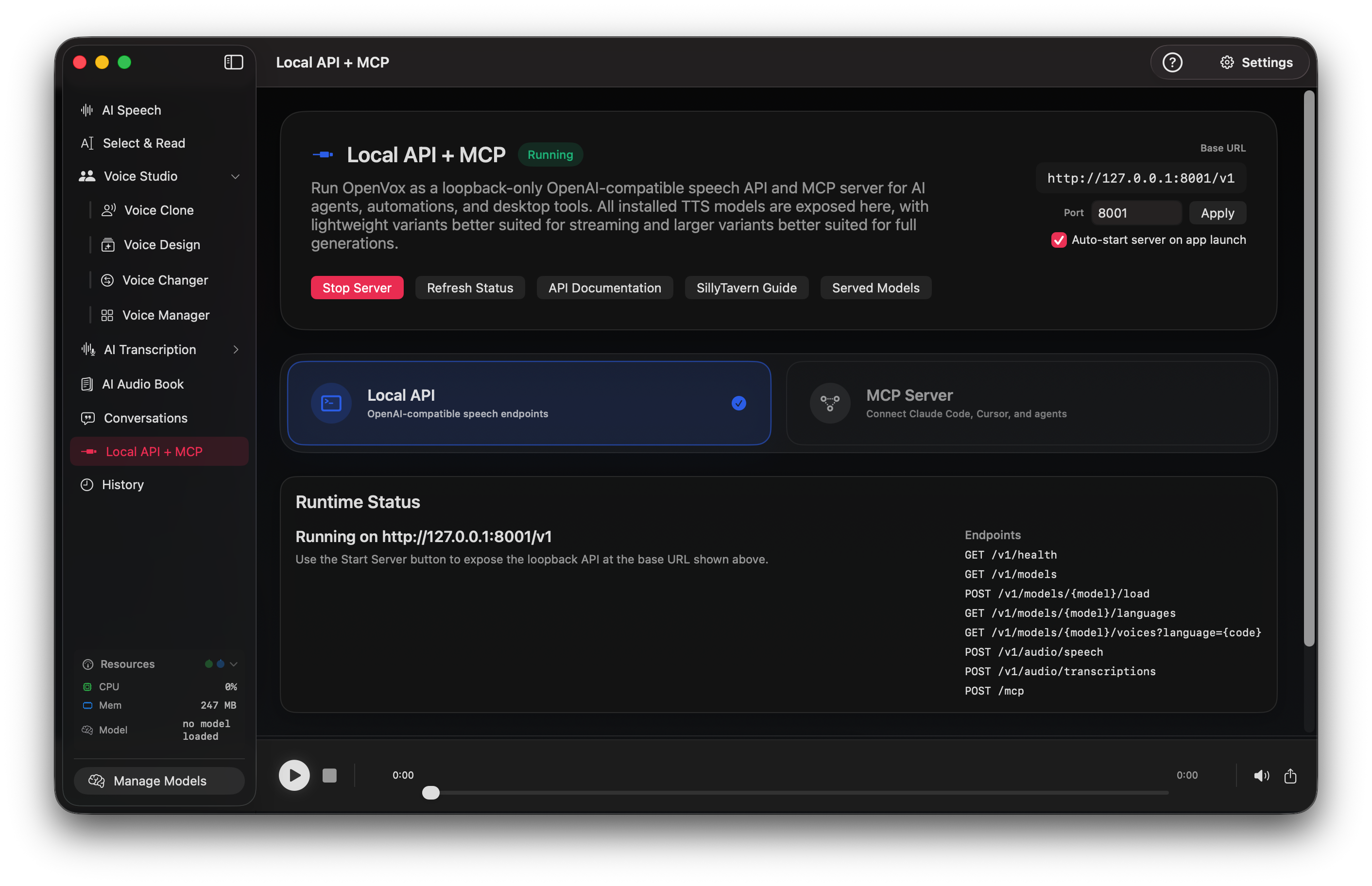 OpenVox Local API and MCP screen on Mac showing a running local TTS server, port 8001, and the SillyTavern Guide button