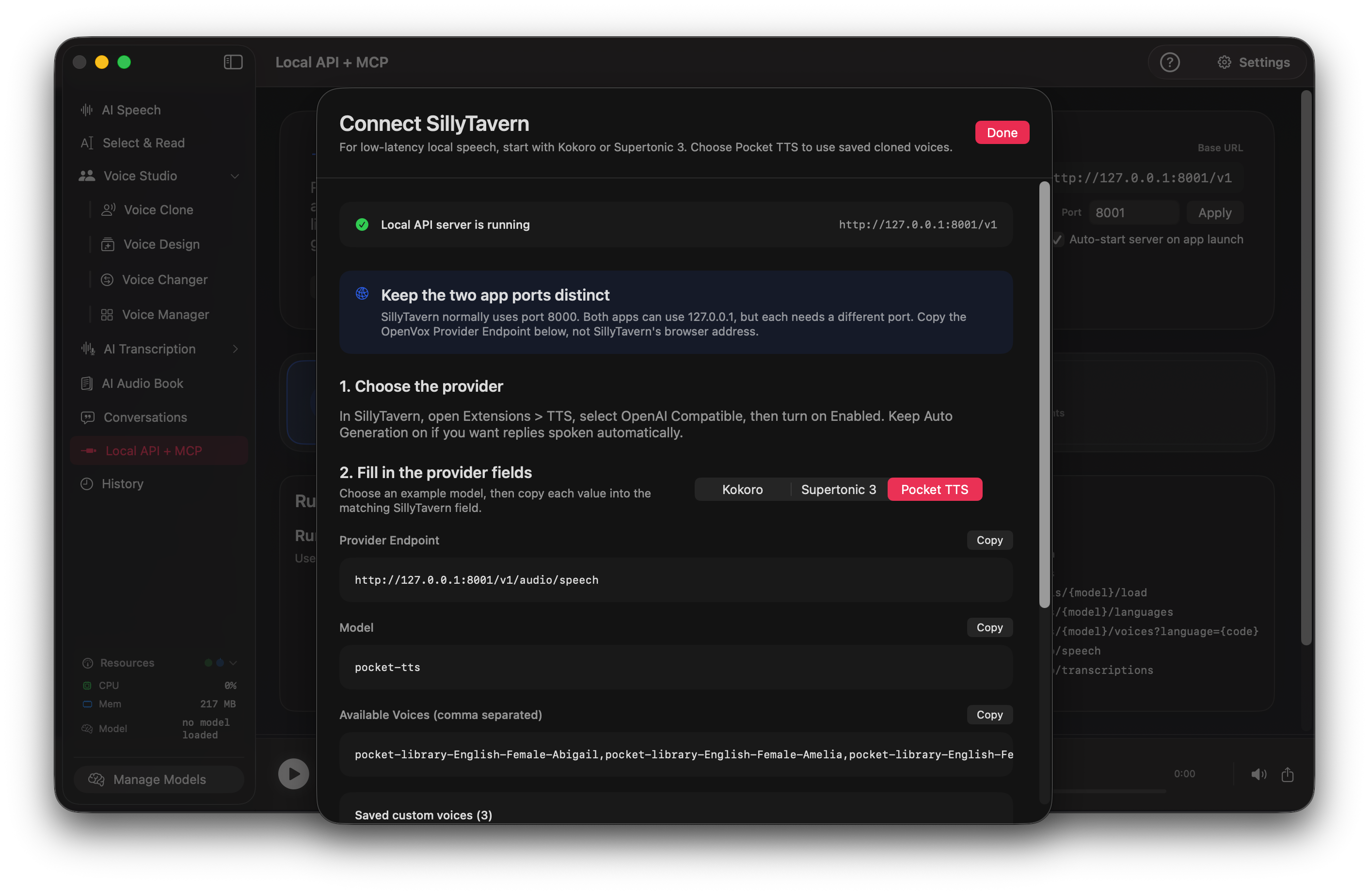 OpenVox Connect SillyTavern setup guide showing the speech endpoint, model tabs, and comma-separated voice list