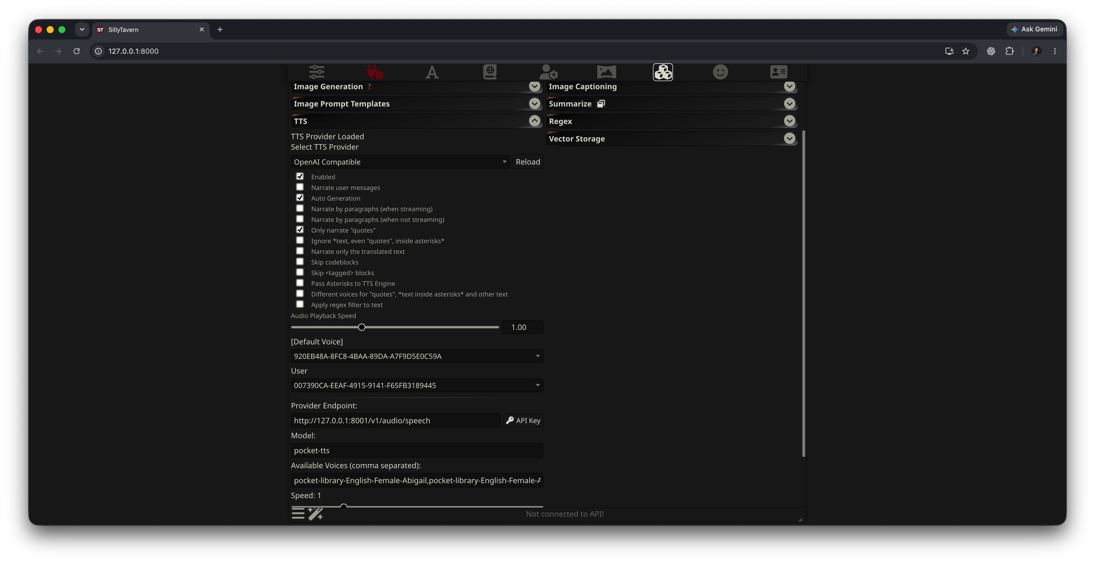 SillyTavern TTS settings with OpenAI Compatible selected, Enabled and Auto Generation checked, the OpenVox speech endpoint on port 8001, and model pocket-tts