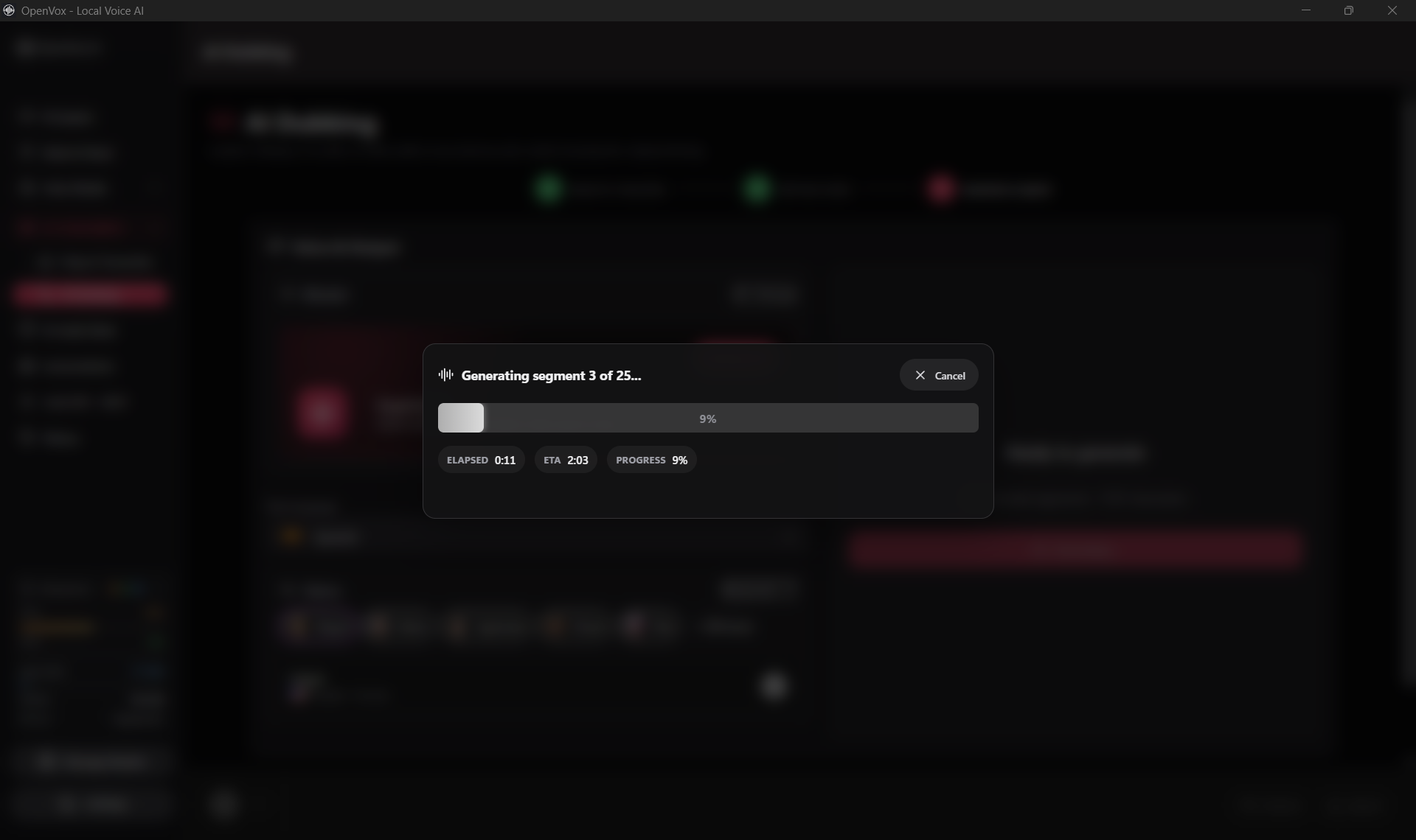 OpenVox generating a dubbed track locally with segment count, elapsed time, estimated time, and progress percentage