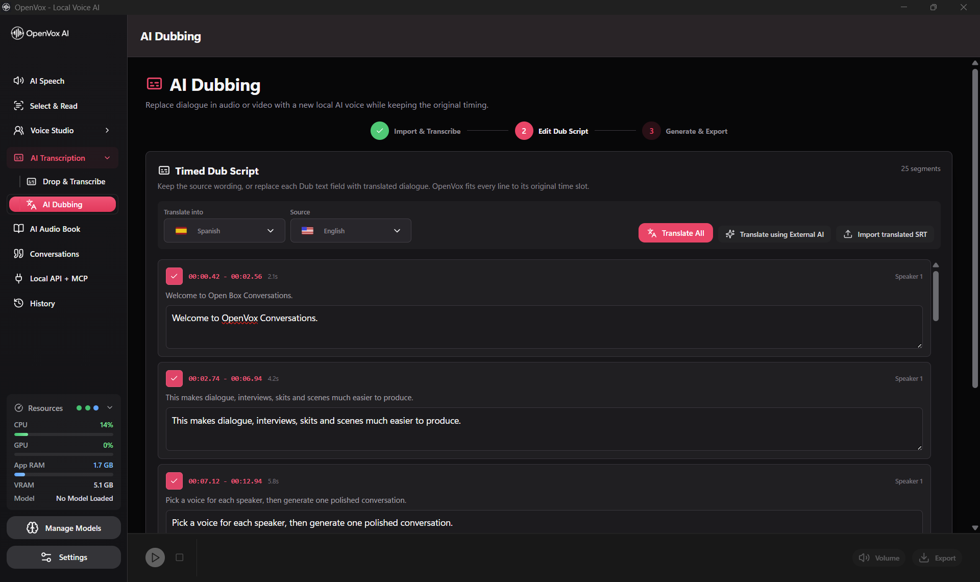 OpenVox timed dub script editor with source dialogue, editable translated lines, language controls, and preserved timestamps