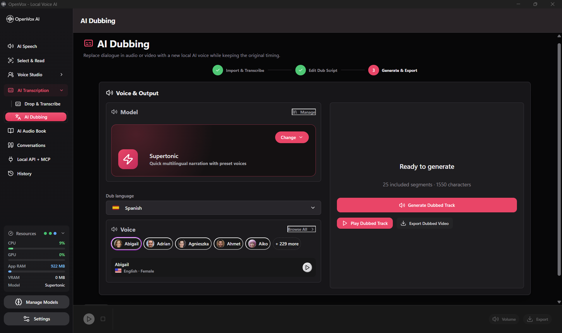 Completed OpenVox dubbed track with playback and Export Dubbed Video controls