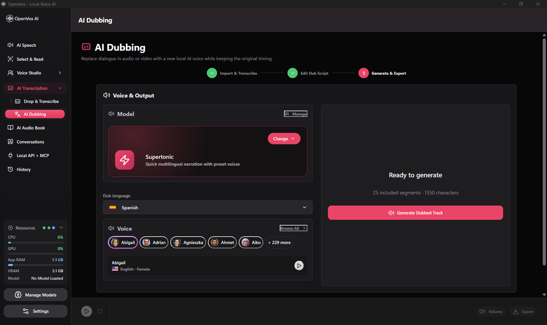 OpenVox Voice and Output screen with Supertonic selected, Spanish dub language, voice choices, and Generate Dubbed Track button