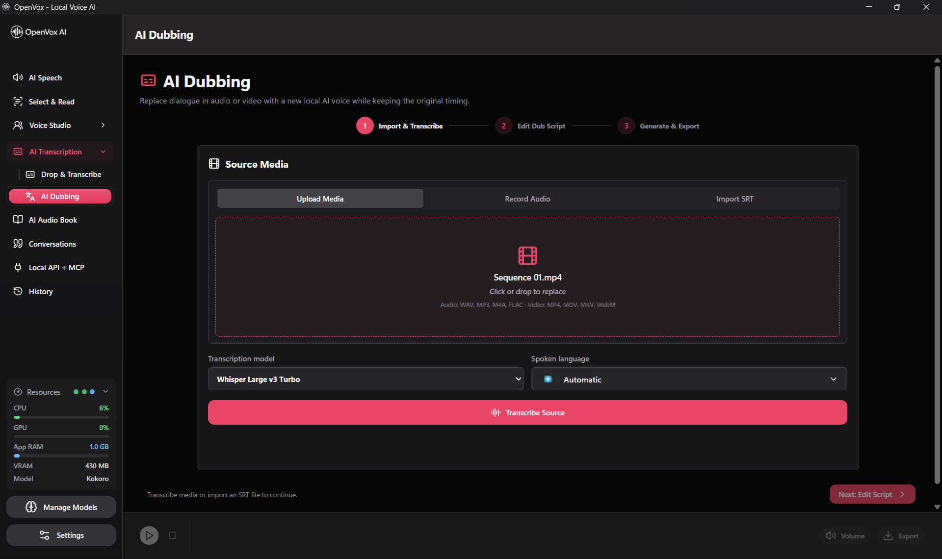 OpenVox AI Dubbing Import and Transcribe screen with a video loaded, Whisper model selection, spoken language selection, and Transcribe Source button
