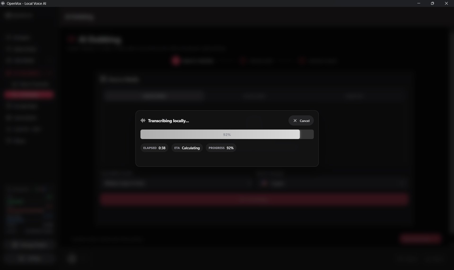 OpenVox showing local transcription progress with elapsed time and completion percentage