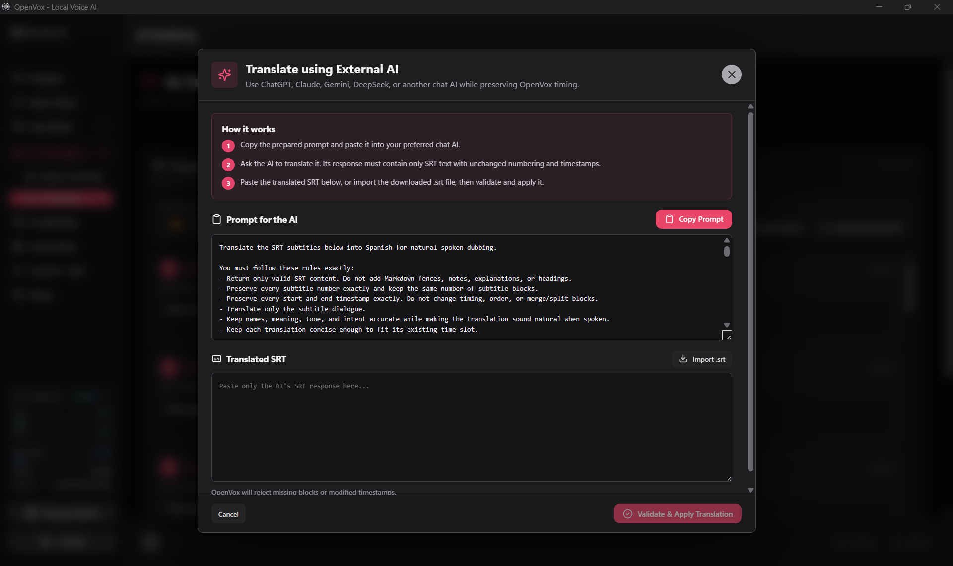 OpenVox external AI translation workflow showing prepared prompt, translated SRT field, and validation controls