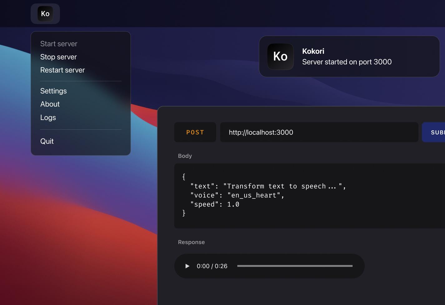 Kokori local TTS app for macOS