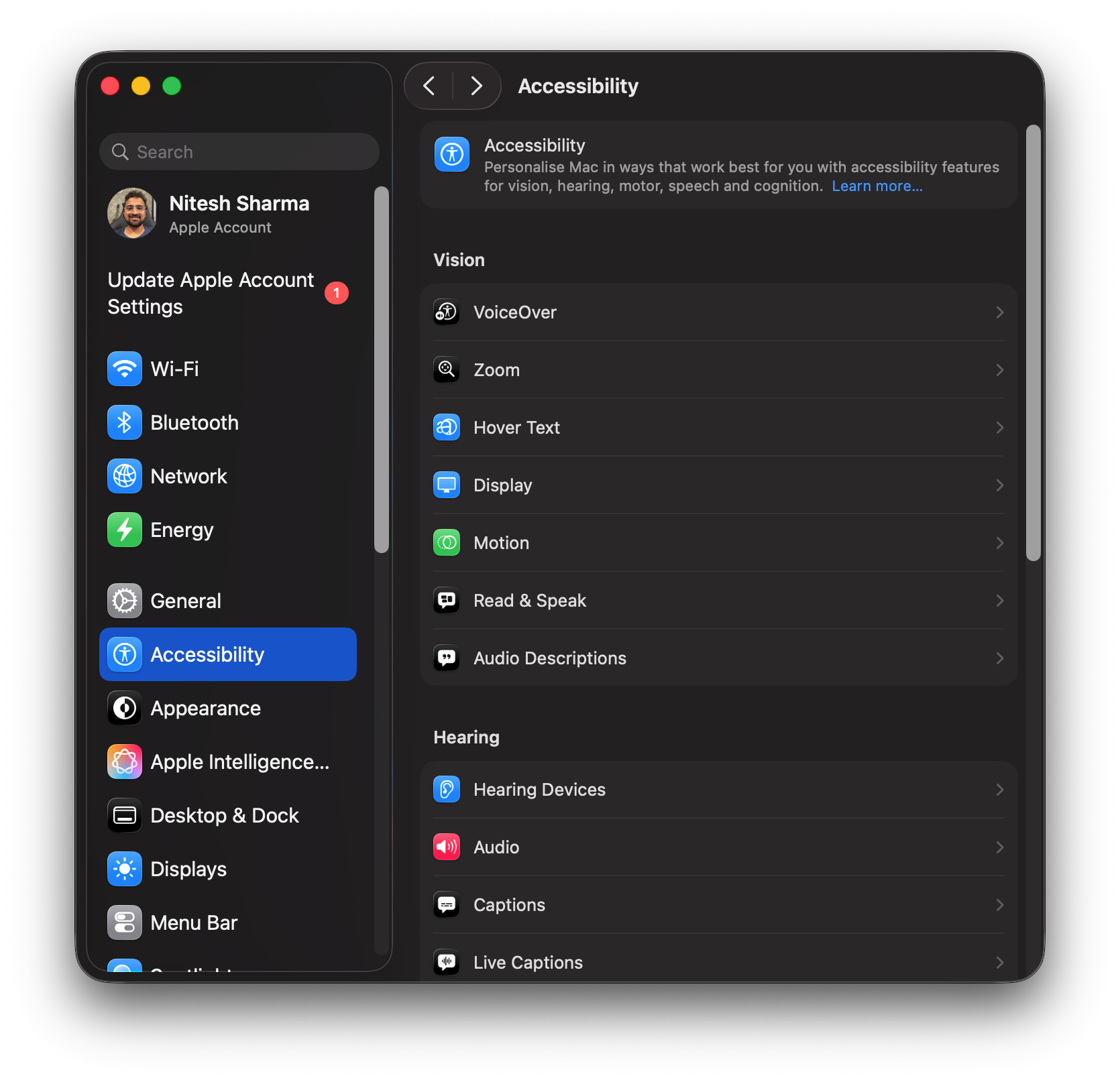 macOS Accessibility settings panel with focus on Read & Speak