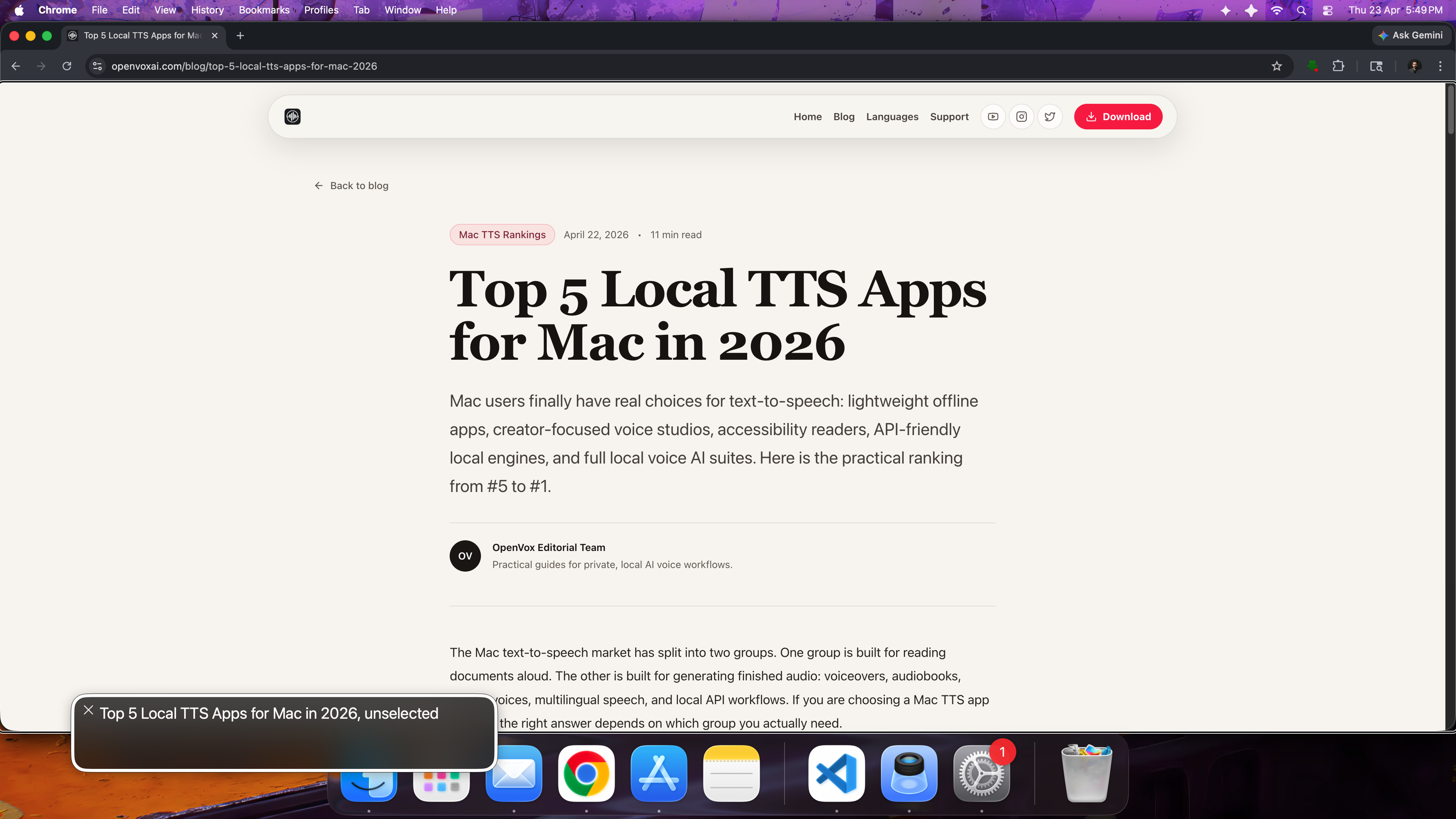 Demonstration of built-in macOS text-to-speech reading text in Chrome