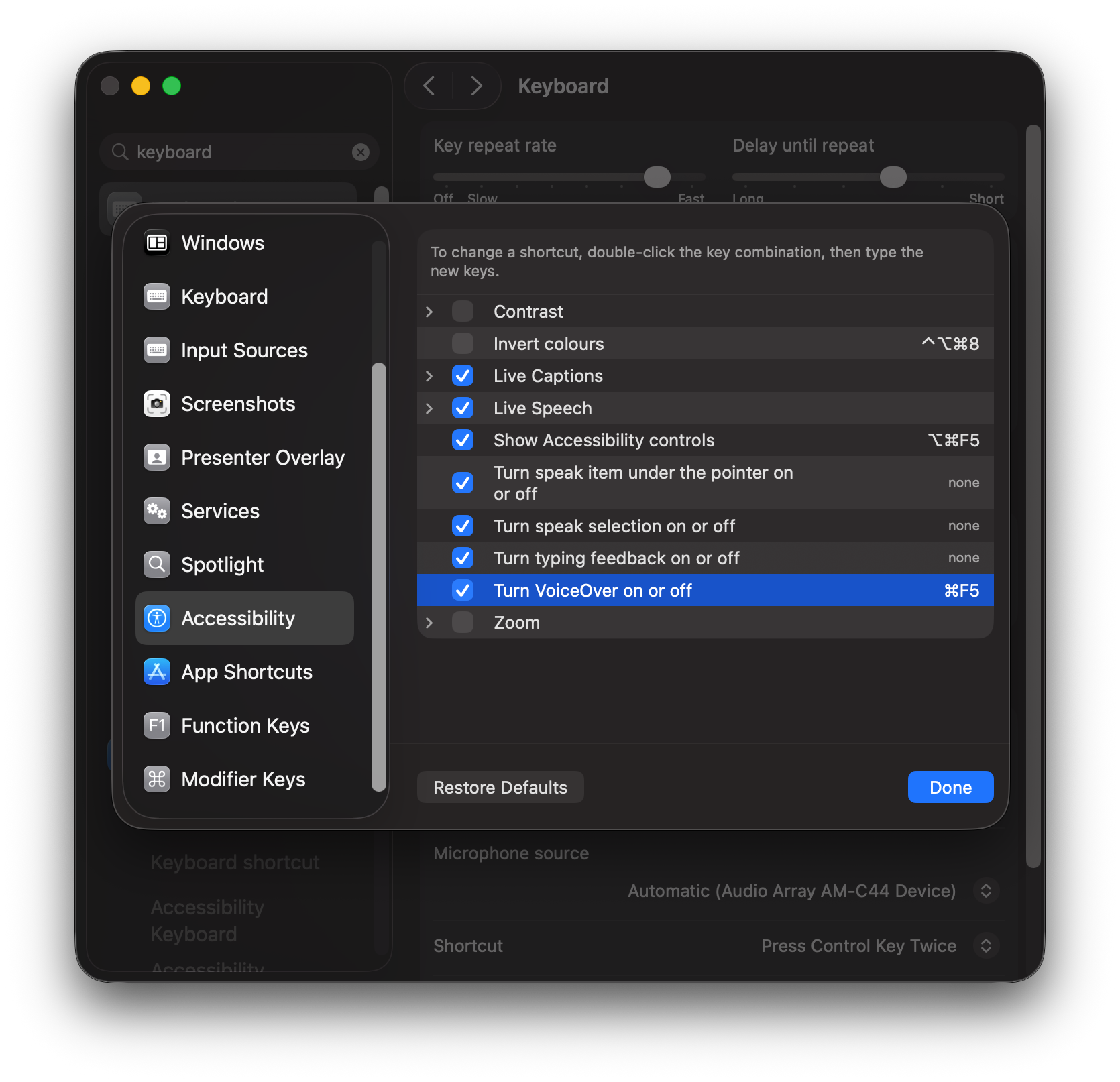 macOS Keyboard Shortcuts settings for accessibility features