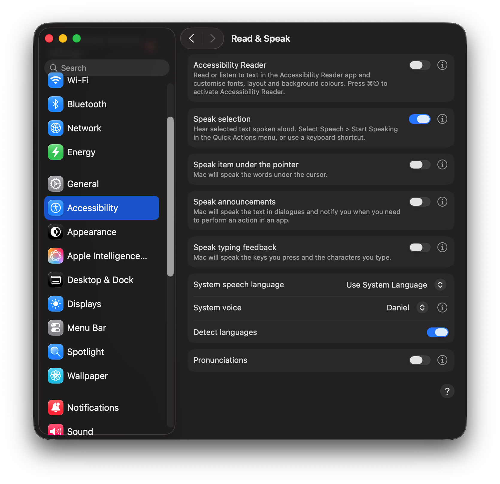 macOS Read and Speak settings showing Speak Selection toggle