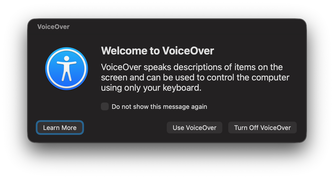 macOS VoiceOver welcome screen providing accessibility guidance