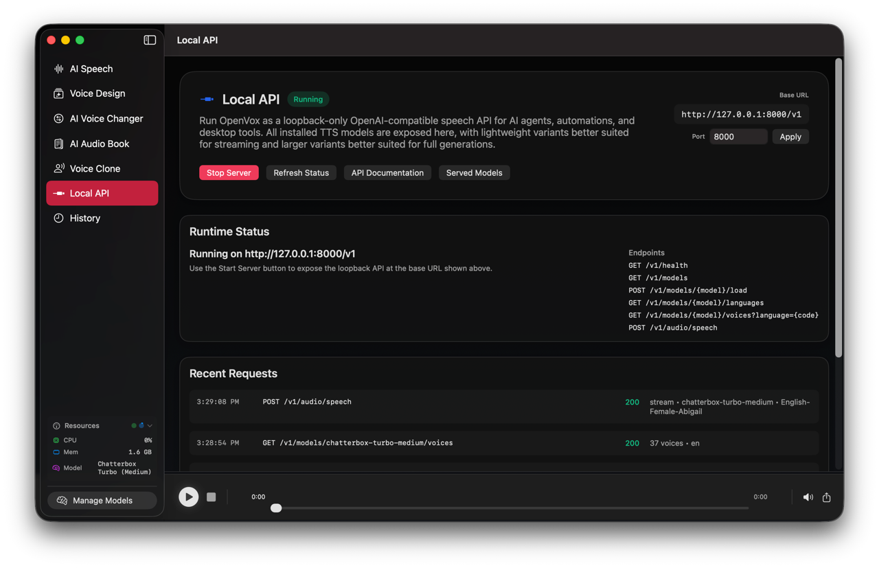 OpenVox local API interface screenshot