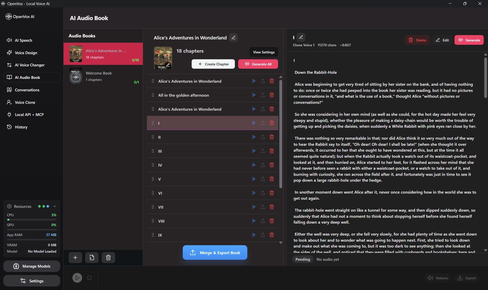 OpenVox audiobook editor with chapters and local voice controls